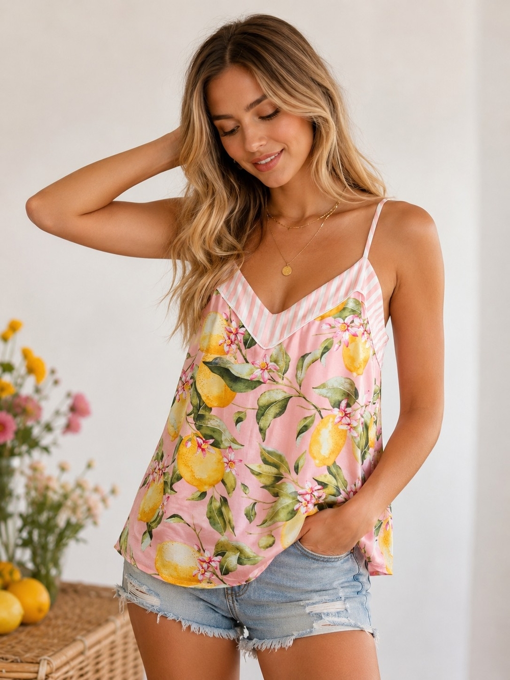 PJ Salvage Pink Lemon Print Strappy Cami